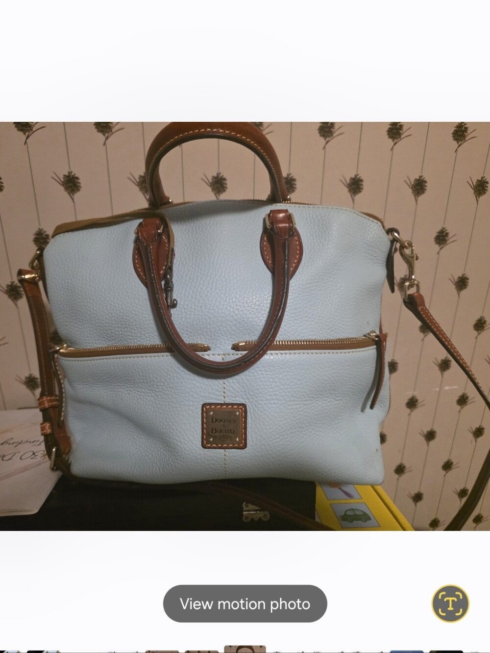Dooney & Bourke Light Blue Leather Satchel with Brown Trim and Gold Hardware